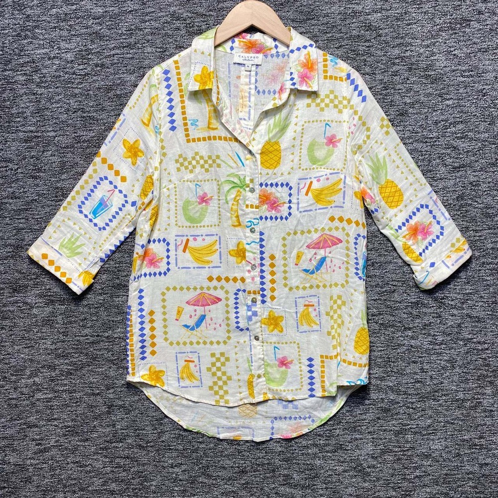 Calypso St Barth Tropical Print Button Up Shirt Womens Medium White Linen Blend‎